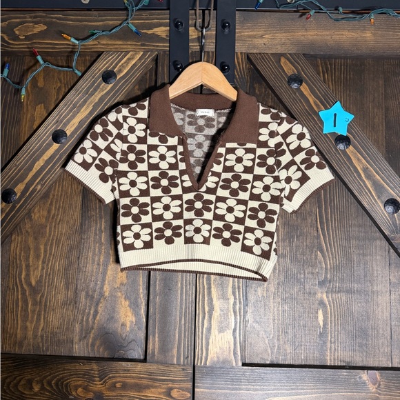 debut Tops - Rare brown‎ daisy checker knit 🤎🌼